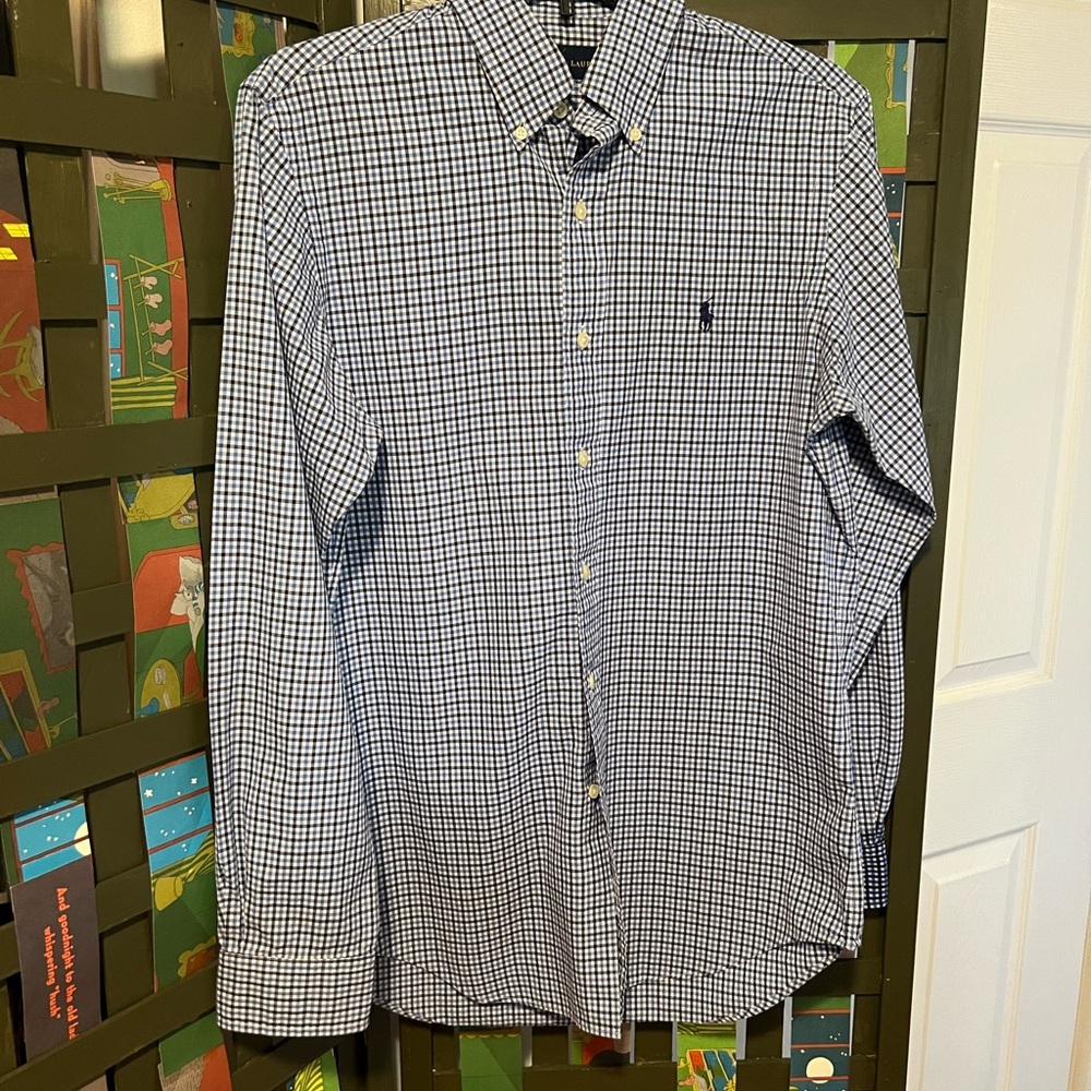 Polo Ralph Lauren Men's Long Sleeved Navy and White Checkered Shirt  Size Small